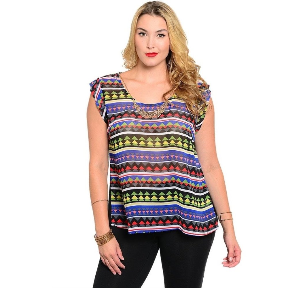 WAPI Ladies Sheer Geometric Top Cap-Sleeve Necklace Plus Size 1X NWT